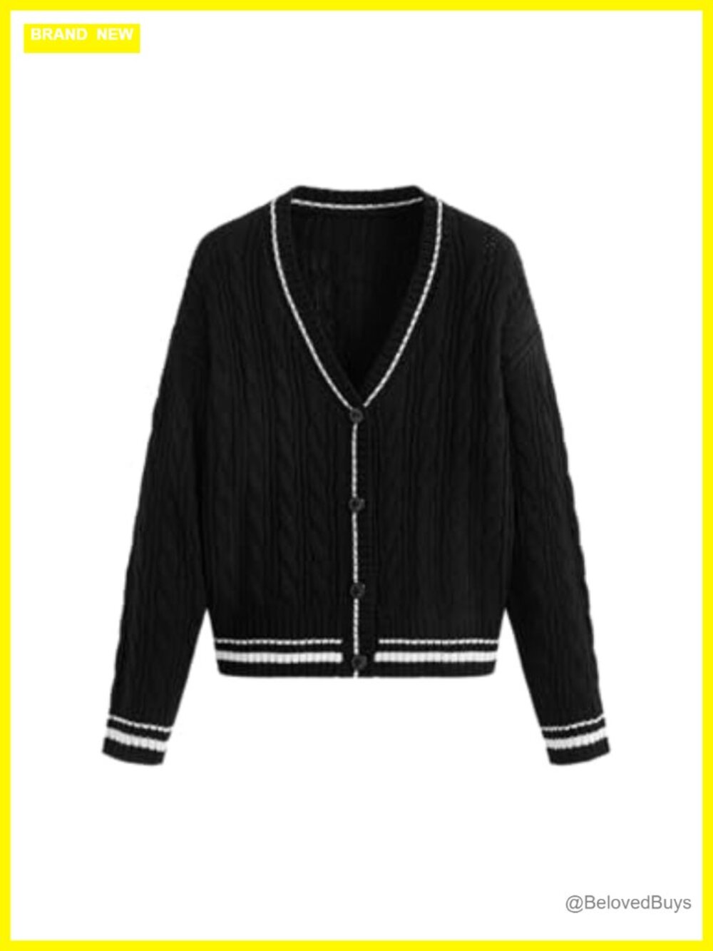 Oversized Cable Knit V-Neck Button Cardigan Contrast Trim Long Sleeve